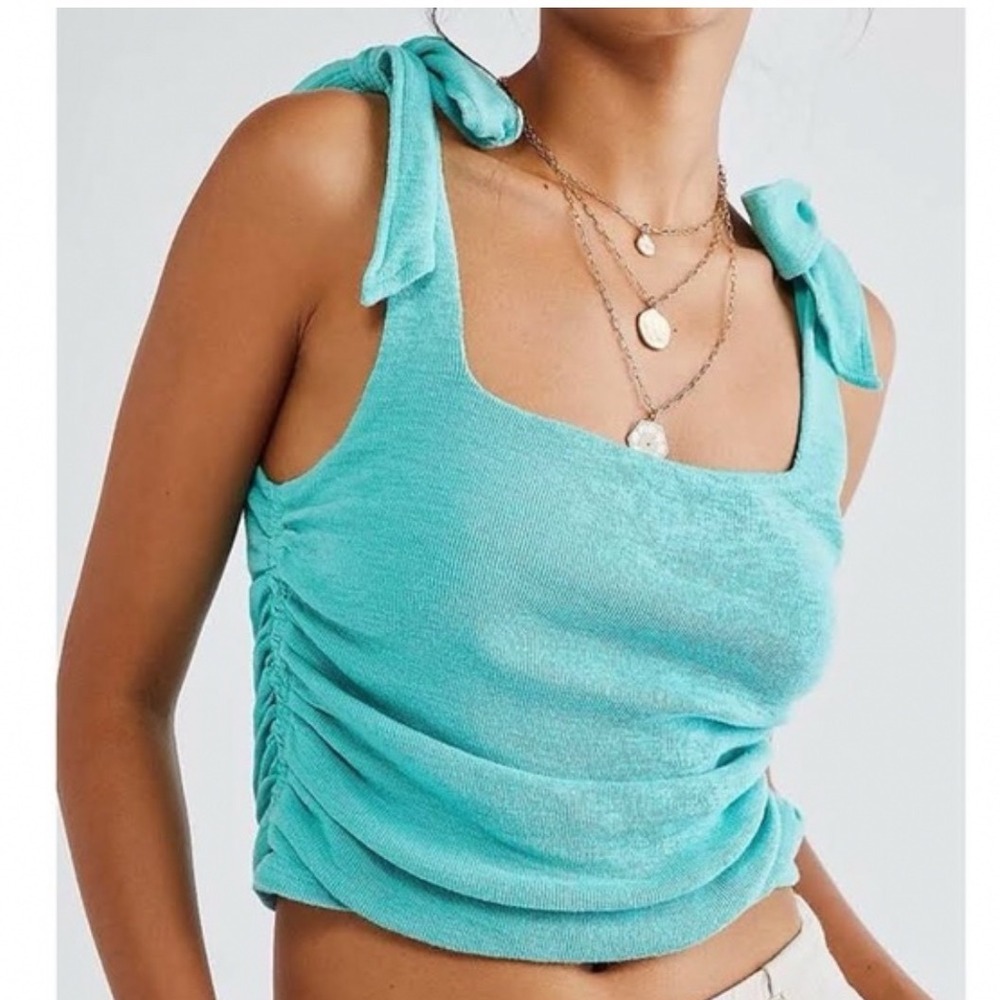 Free People Boulevard Bow Tie Strap Ruched Side Cotton Rib Tank Top Blue Small